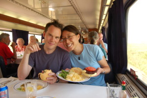 Wen and Chris enjoy the vegan options in the dining car