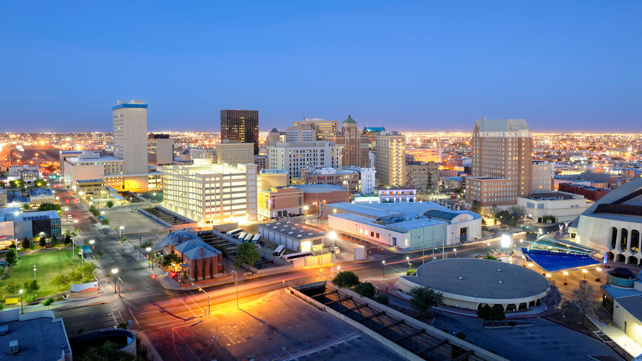 Downtown El Paso Texas skyline seen just after sunset. 16 x 9 aspect ratio. Space for copy.