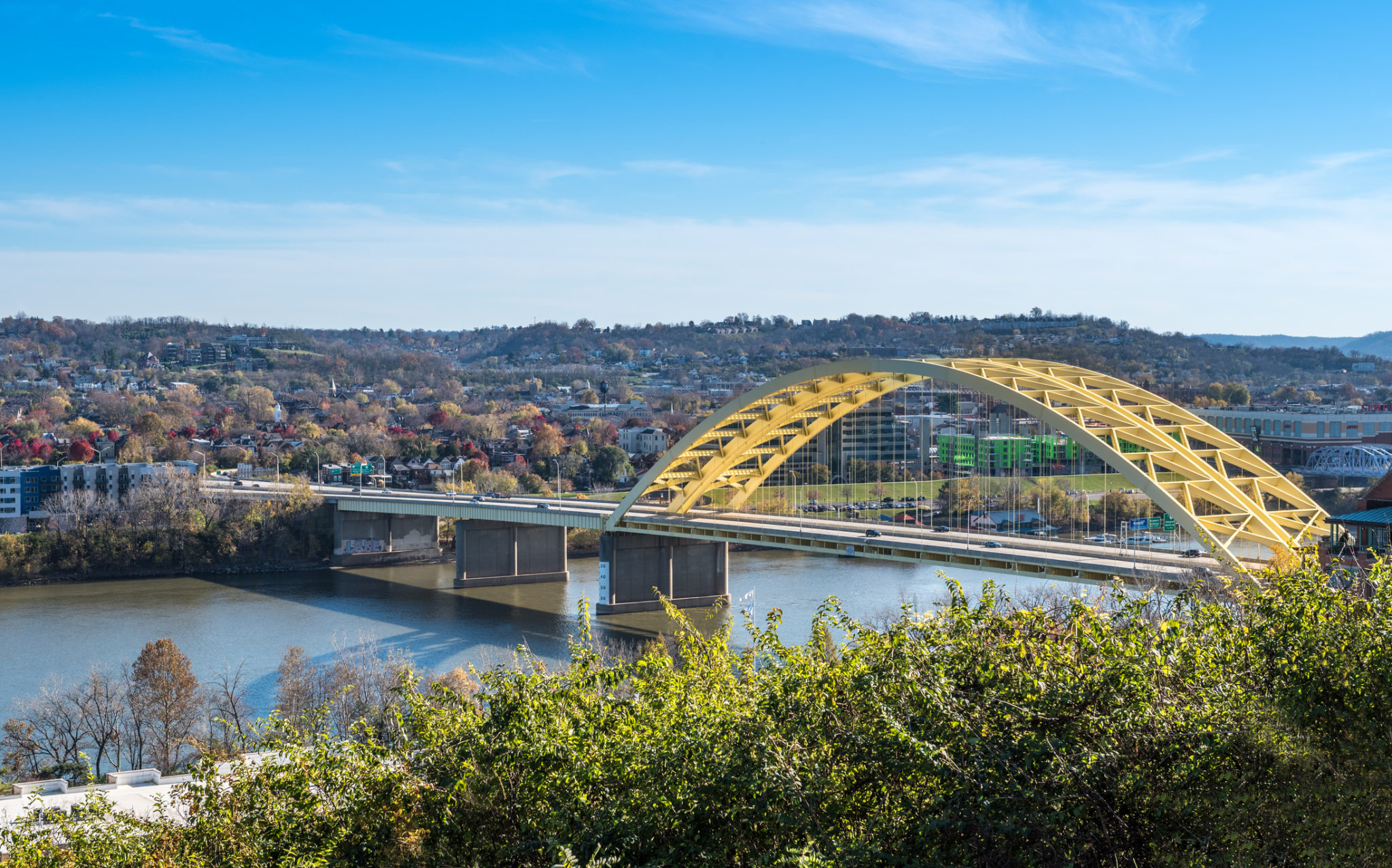 Landscape scene depicting the Daniel Carter Beard Bridge in Cincinnati, Ohio